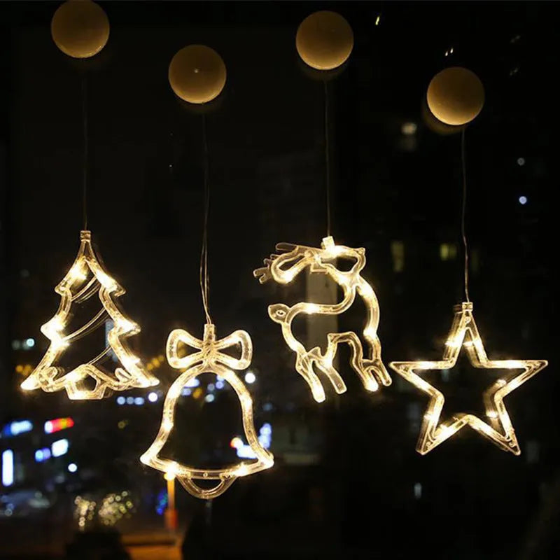 Christmas LED suction cup chandelier lights with Santa Claus, elk and snowman designs for window decoration
