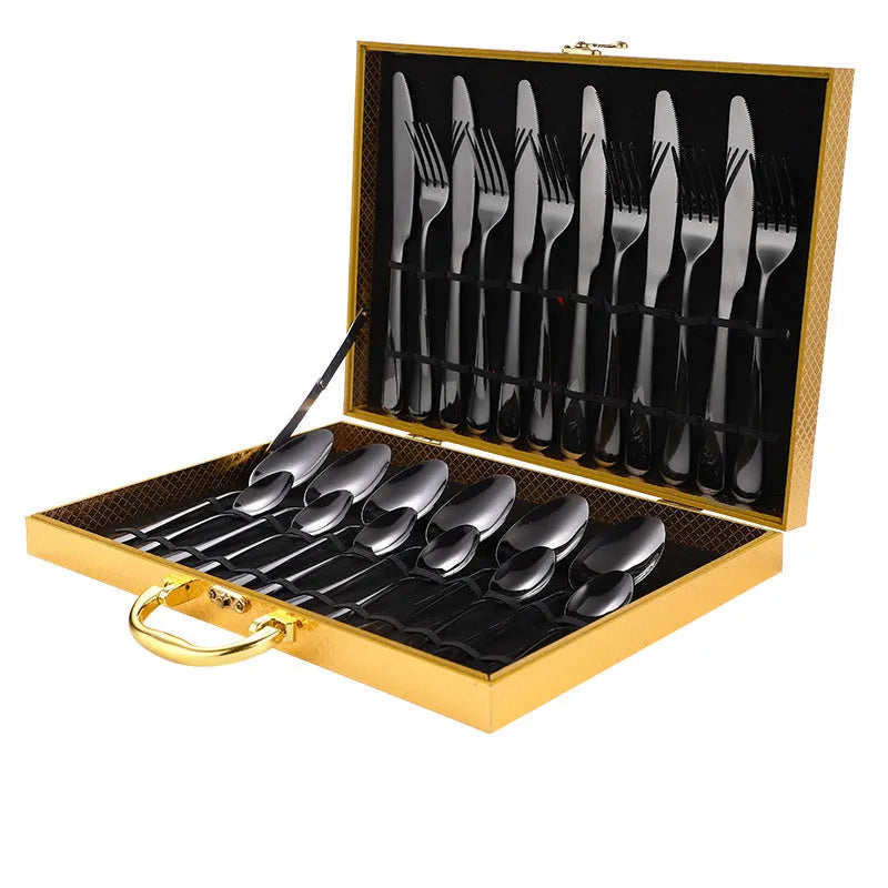24 piece stainless steel tableware set showing knives, forks, and spoons in multiple colour finishes