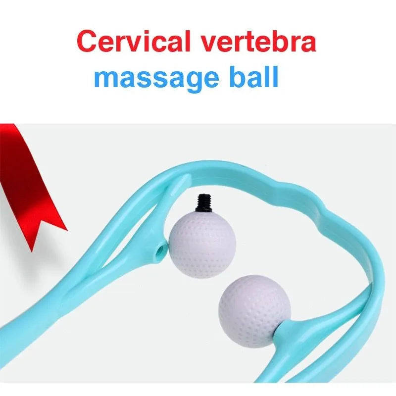 Handheld manual neck massage roller with adjustable stand and removable soft head in blue, green, or pink.
