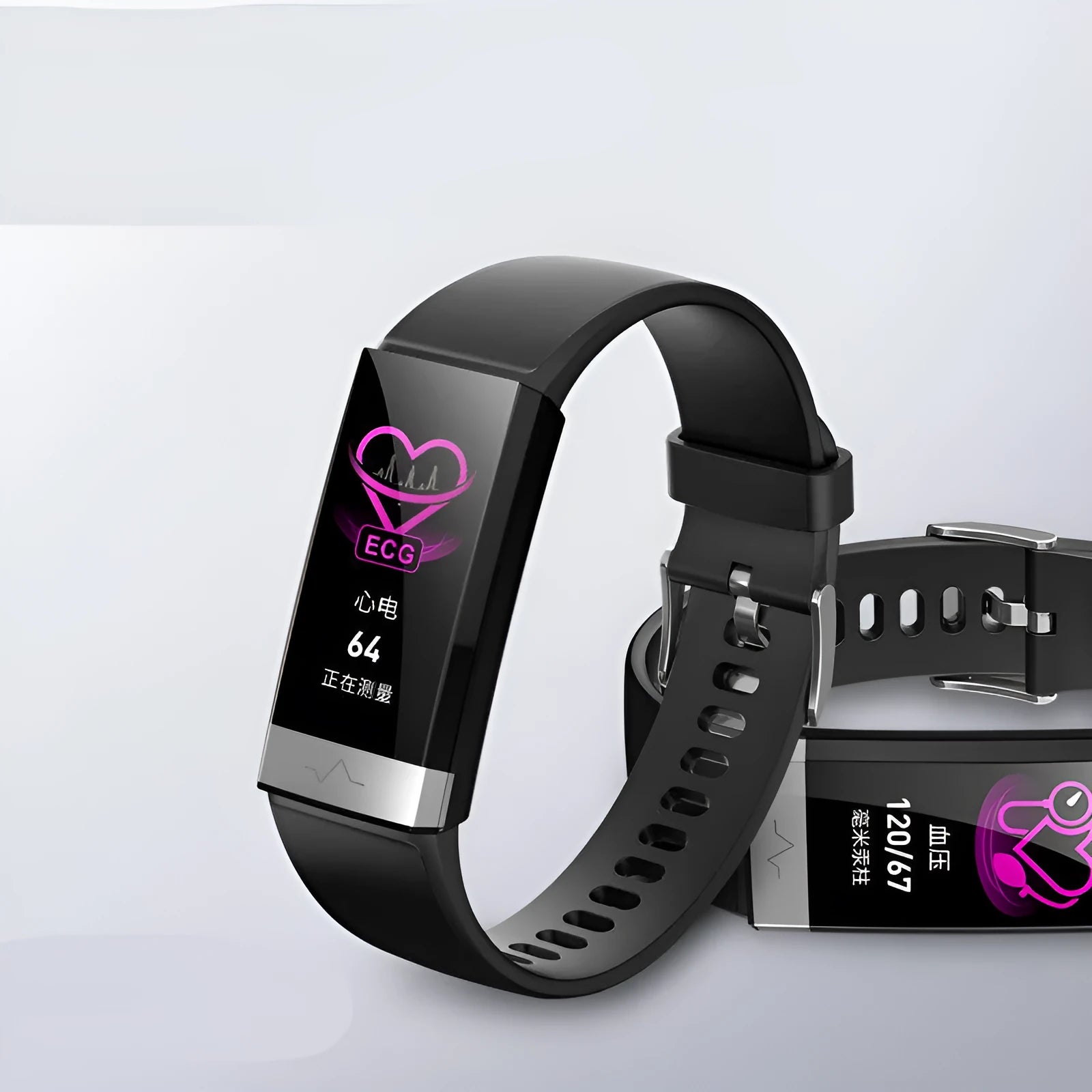 V19 smart health bracelet with colour screen on a TPU strap, showing ECG and SpO2 readouts.