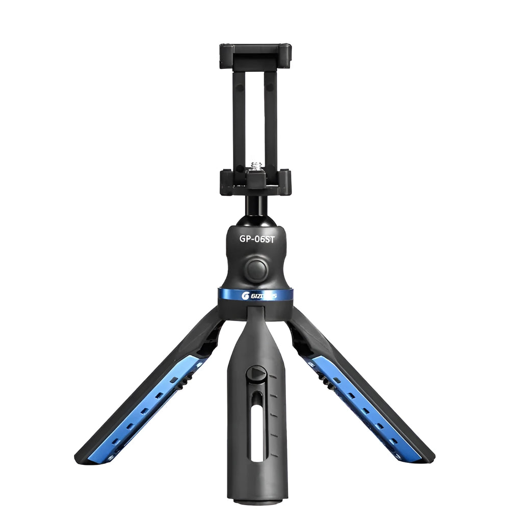 Black desktop tripod stand holding an iPhone X mobile phone.