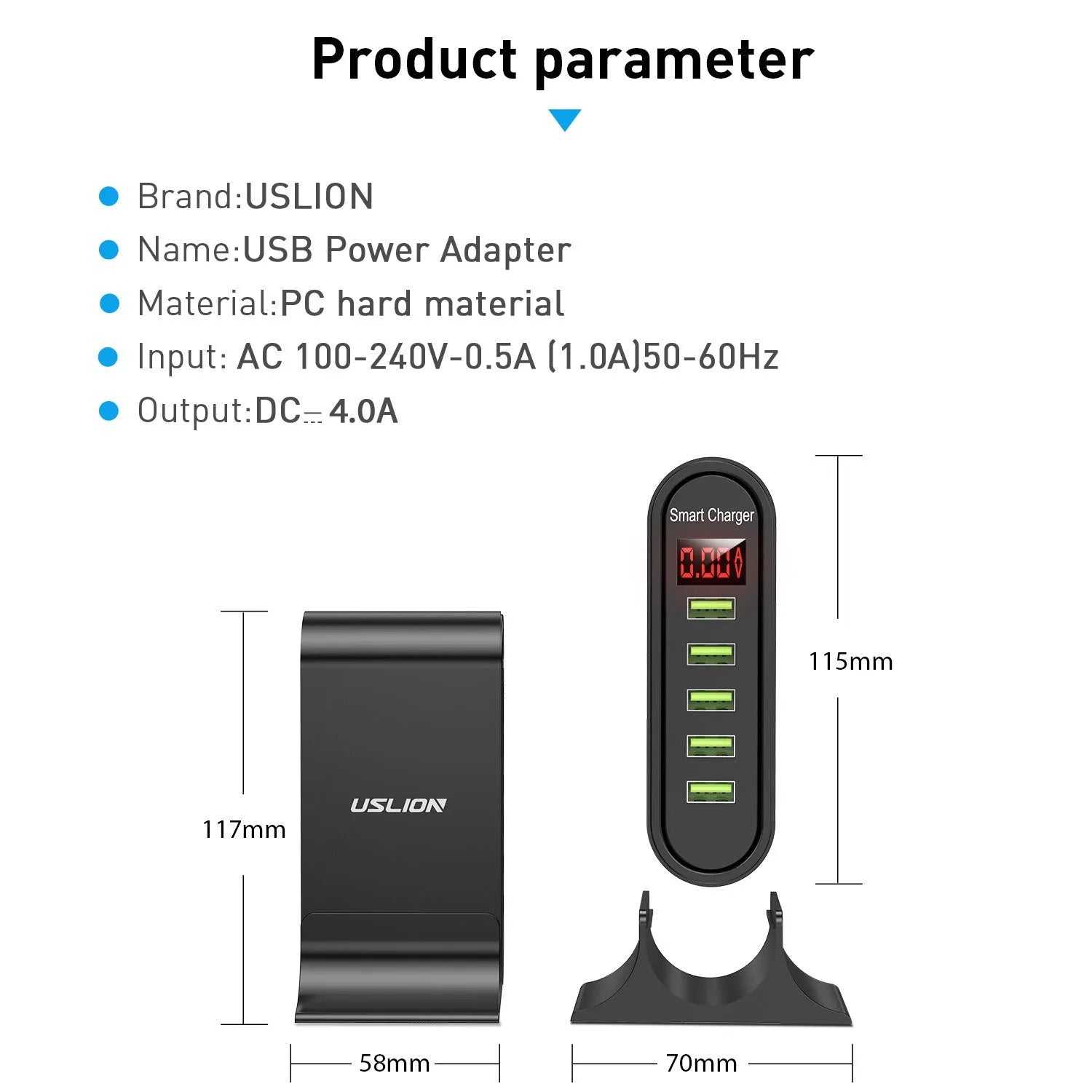 Black and white smart LED digital display USB chargers with EU, UK, and US plug styles