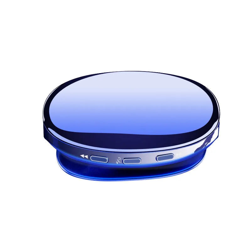 Blue Bluetooth MP4 music player with OLED display showing track info, placed next to headphones.