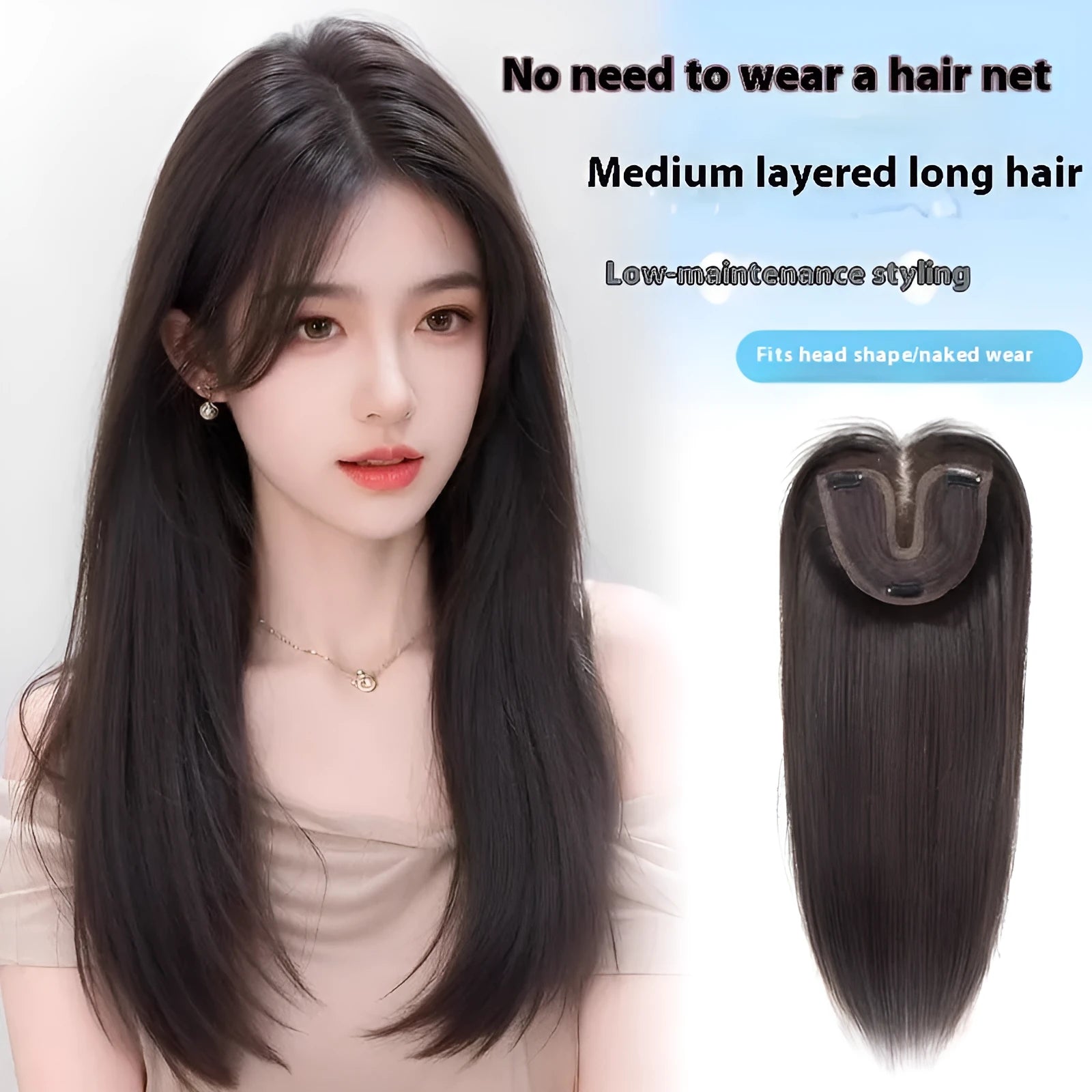 Brown black full-head synthetic wig with Chinese character bangs style for women.