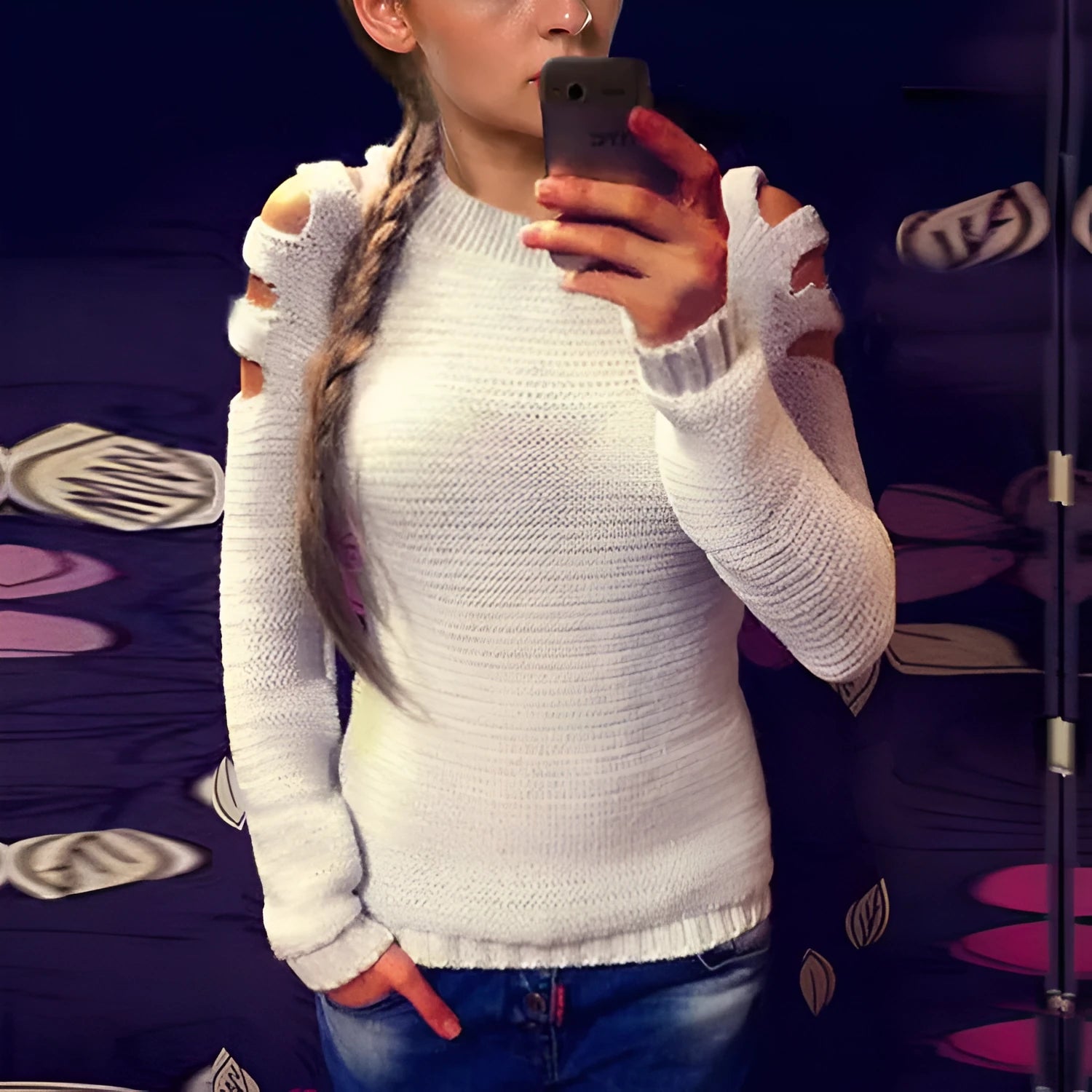 Women's knitted pullover shirt with crocheted hollow-out long sleeves in grey colour