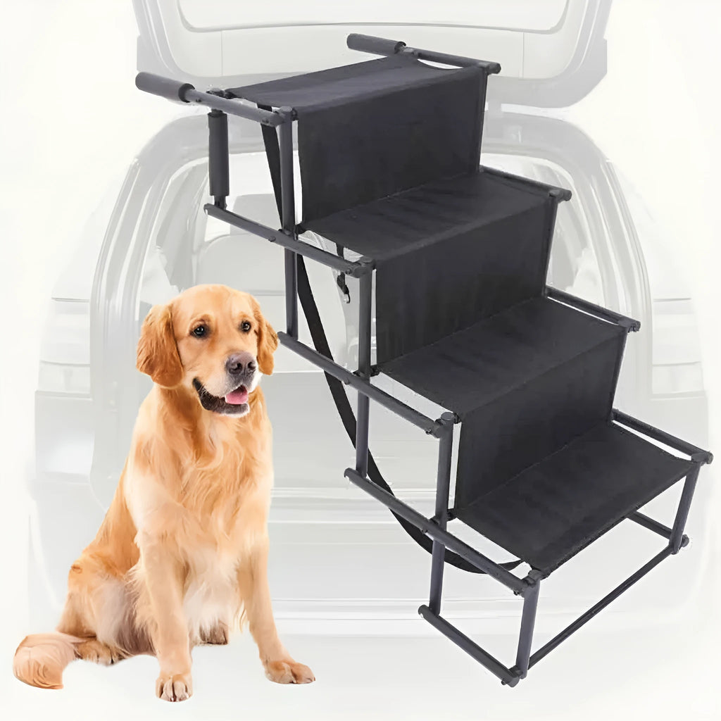 Stainless steel folding dog ladder next to a car, showing navy blue steps and a 101x76x45cm frame.