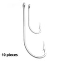 Assortment of multi-specification alloy sea fishing hooks for boat fishing on a blue background.