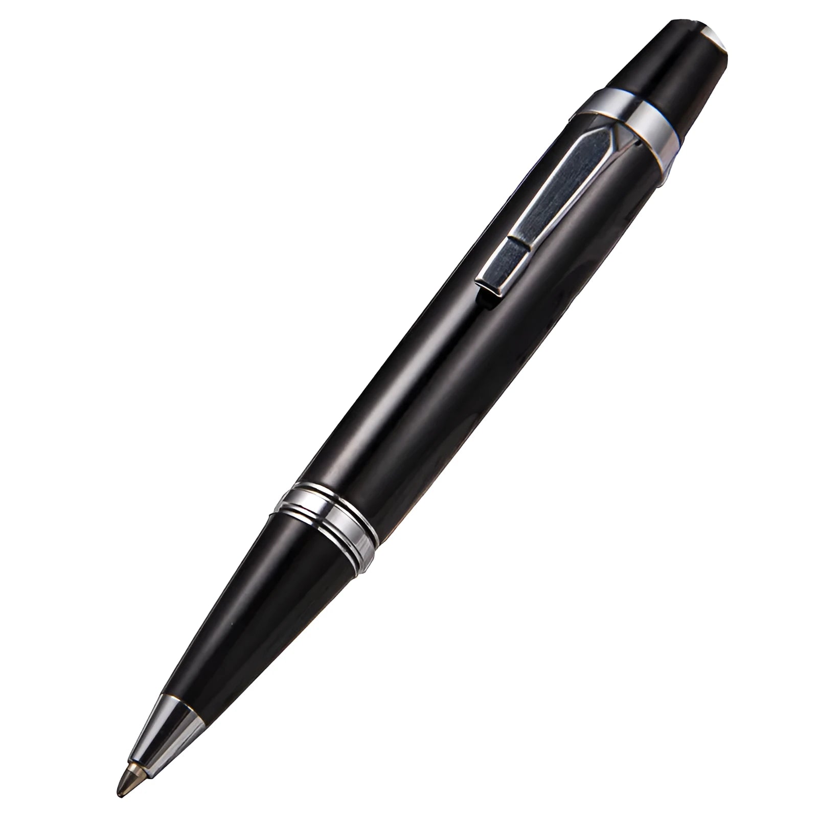 Short black metal ballpoint pen with rotating mechanism, showing bullet tip and compact dimensions