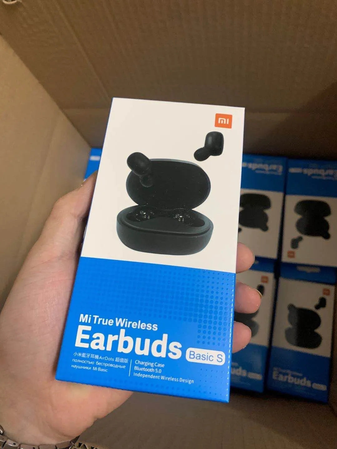 Black Redmi AirDots 2 True Wireless Bluetooth earbuds and charging case.