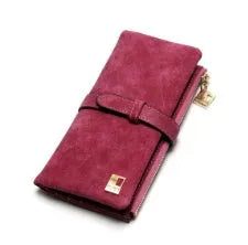Women's retro matte long wallet open showing card slots and zip coin compartment.