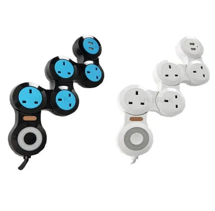 White UK power strip with five sockets, two USB ports, a rotating plug, and a long black cable