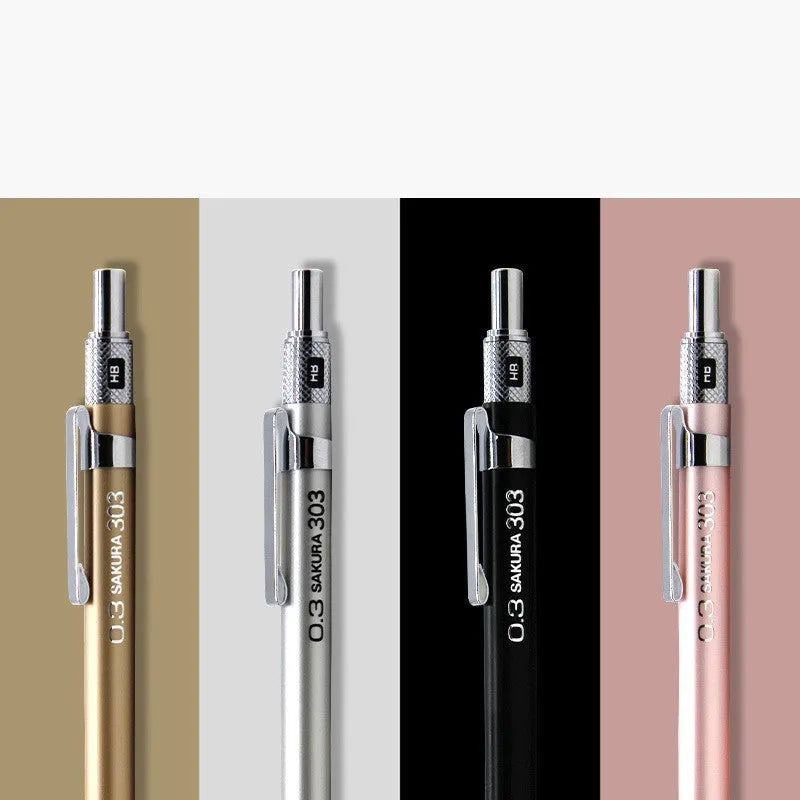 Metal mechanical pencil in gold, silver, black, or pink with 142mm length and 0.5mm or 0.3mm lead size