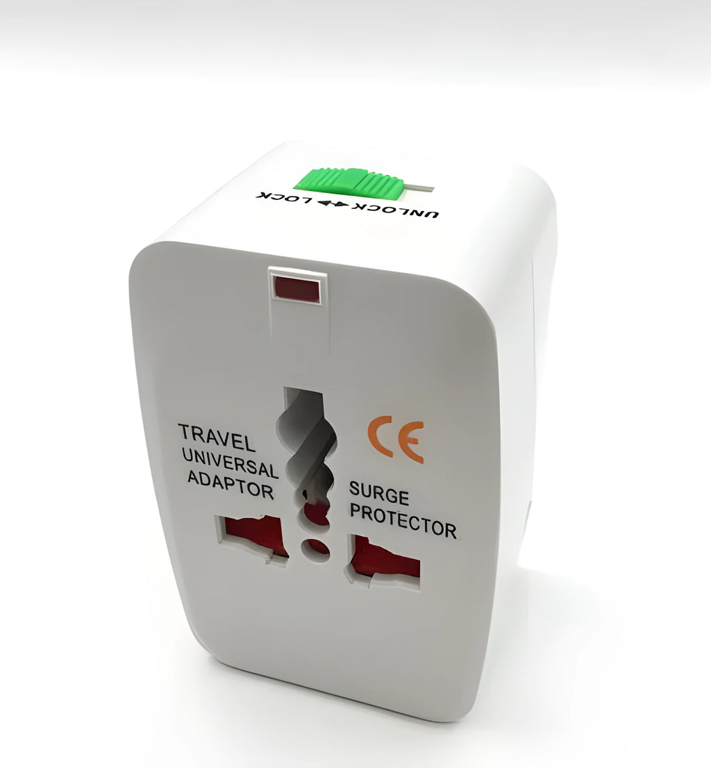 White universal travel plug adapter showing pins, sized at 73 by 50 by 39 millimetres.