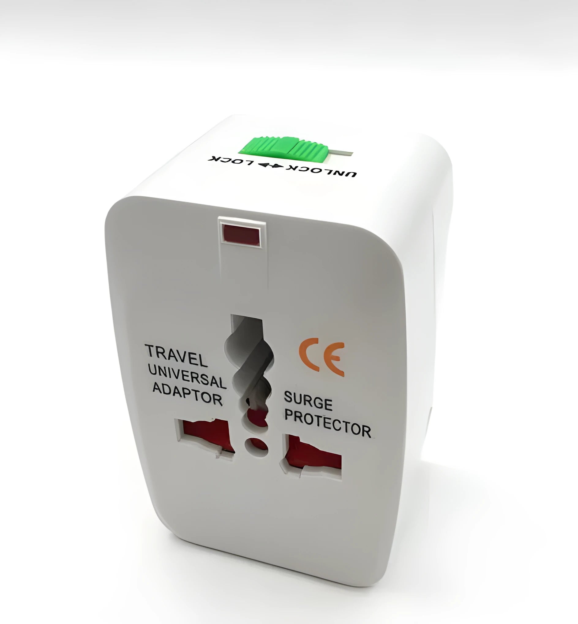 White universal travel plug adapter showing pins, sized at 73 by 50 by 39 millimetres.