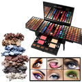 Piano-shaped makeup palette open to show 180 eyeshadow colours with powder and blush pans