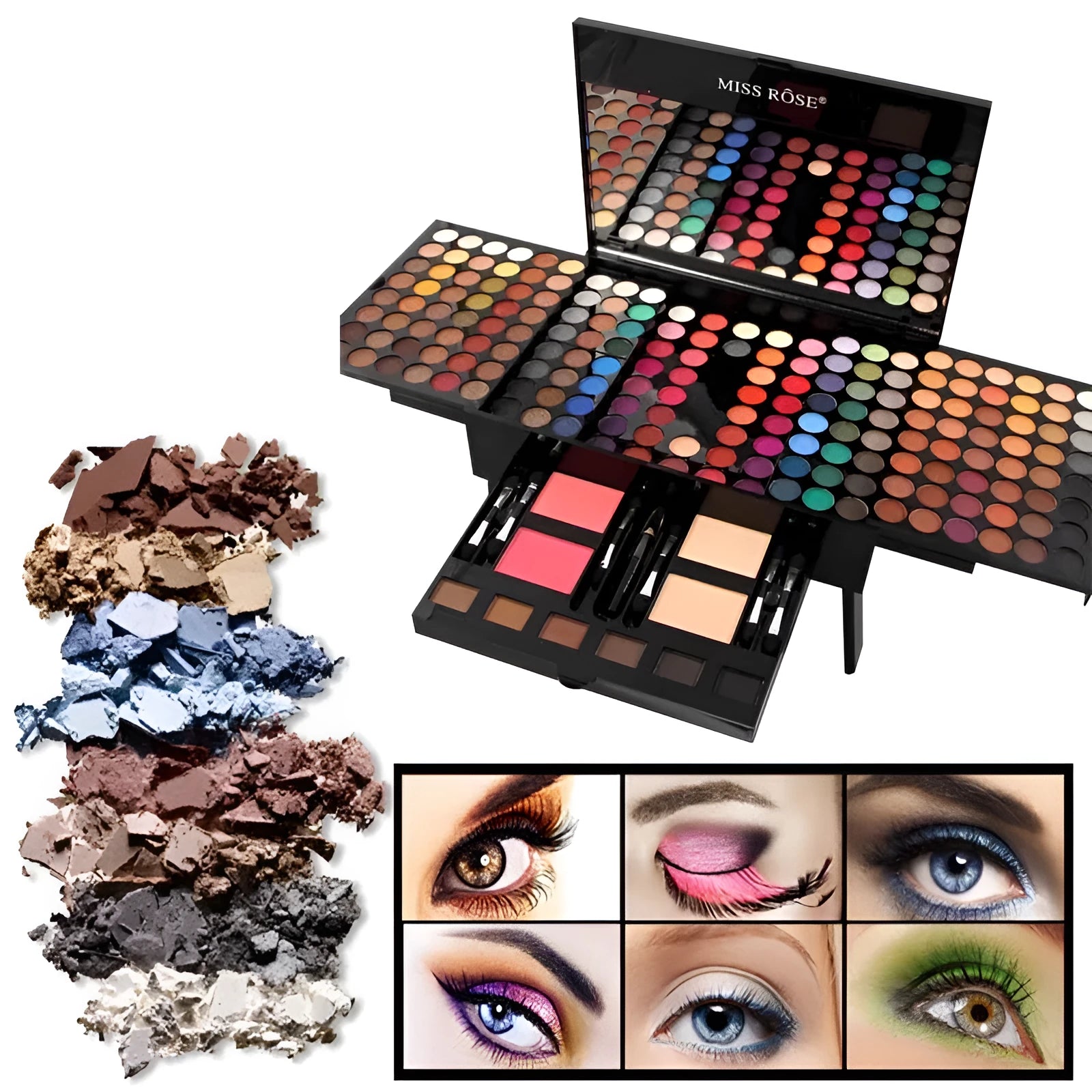 Piano-shaped makeup palette open to show 180 eyeshadow colours with powder and blush pans