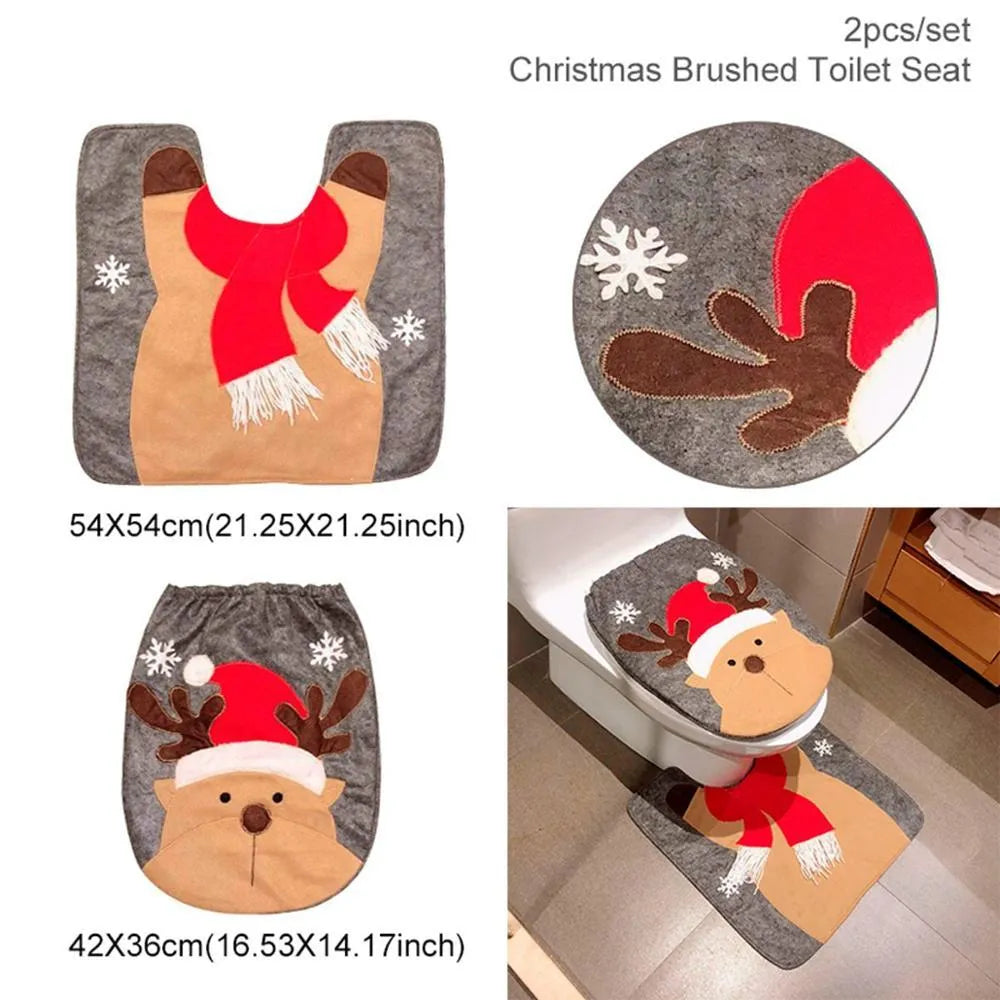 Christmas bathroom set with flannel shower curtain, toilet covers, and plastic-backed floor mat in Santa design