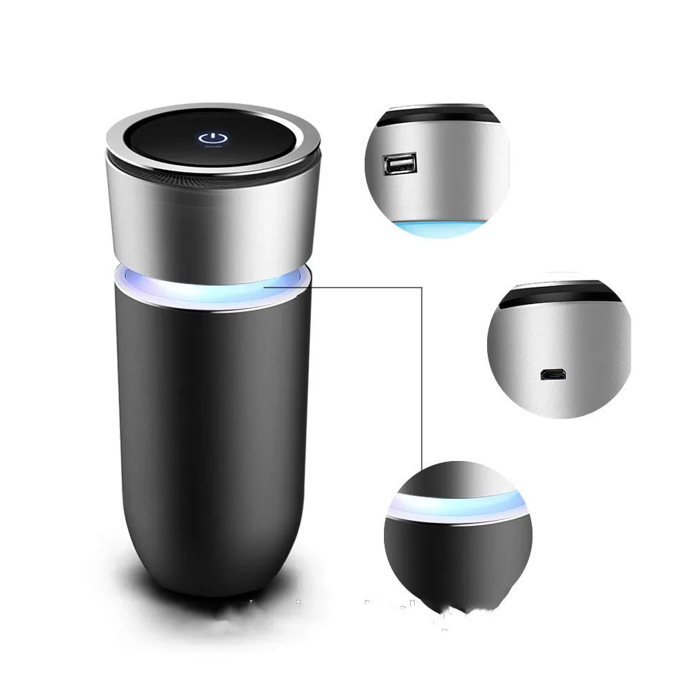 USB negative ion car air purifier 75x75x165mm on a car dashboard