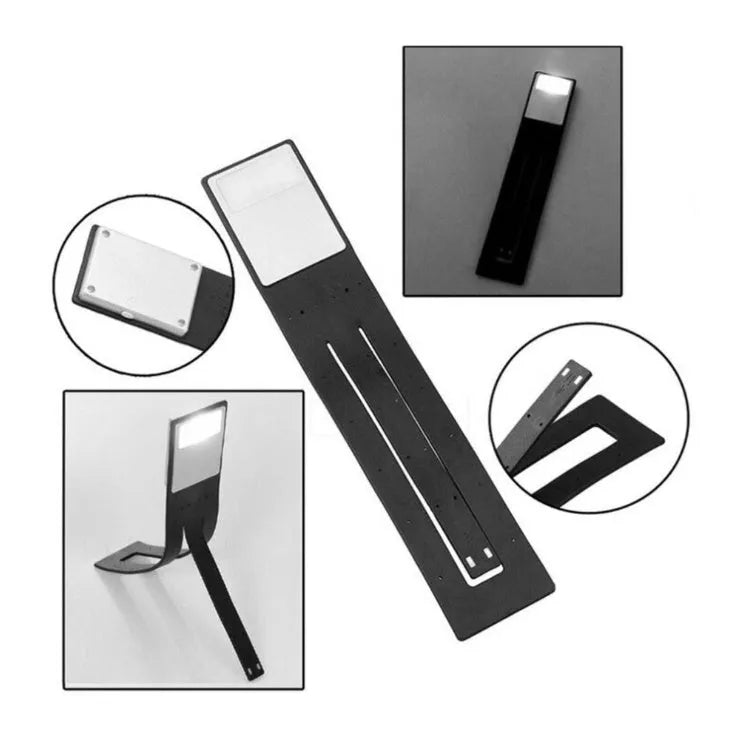 Black folding USB rechargeable LED reading light showing adjustable brightness settings