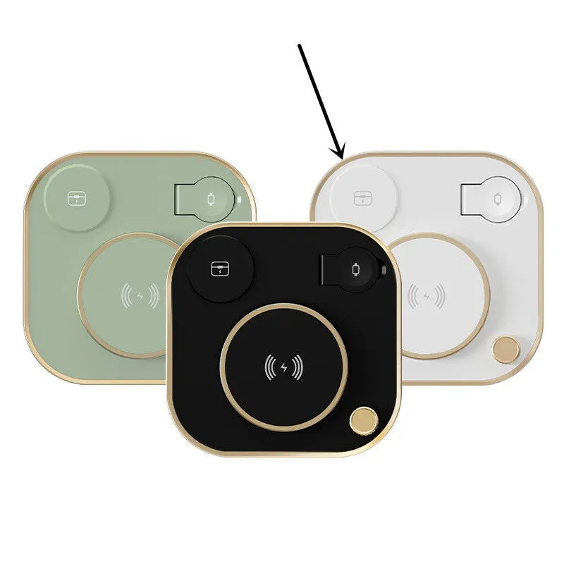 Black three-in-one wireless magnetic charger with desk lamp and USB cable on a wooden desk.