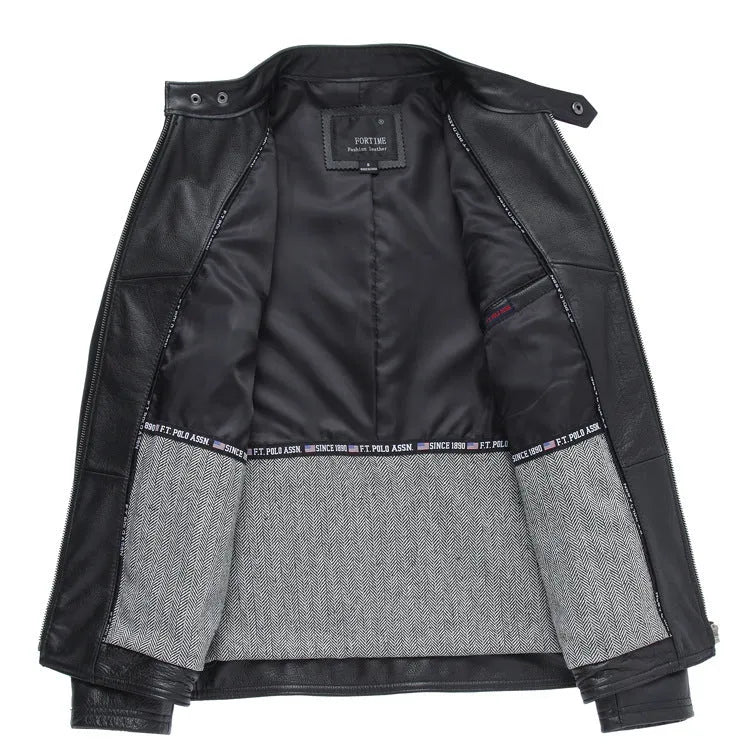 Men's black PU leather casual biker jacket with front zip, available in sizes M to 3XL
