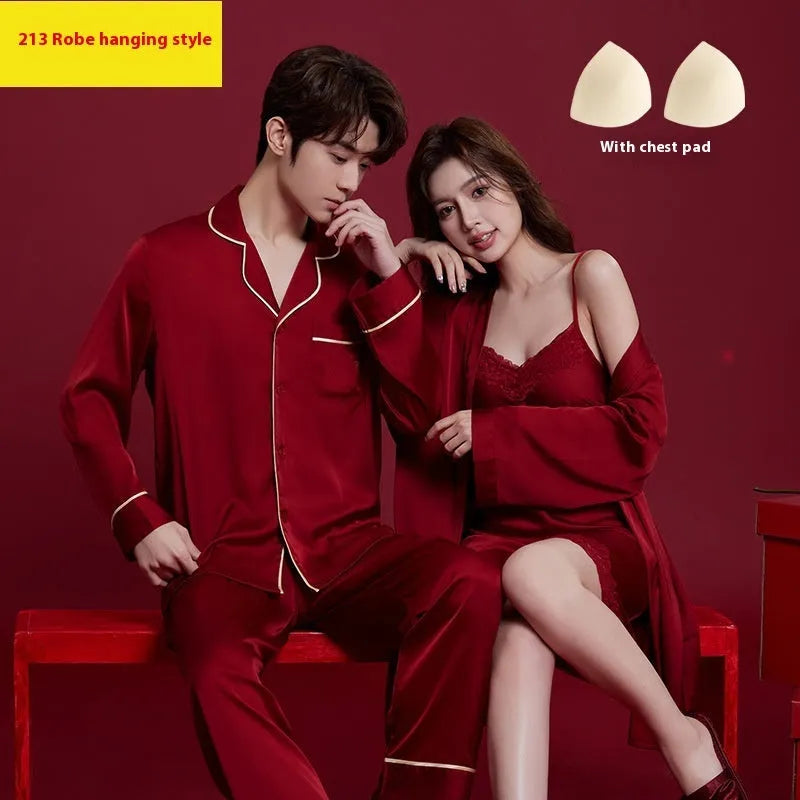 Red long sleeve men's and women's polyester sleepwear suit set for wedding dowry or home use.