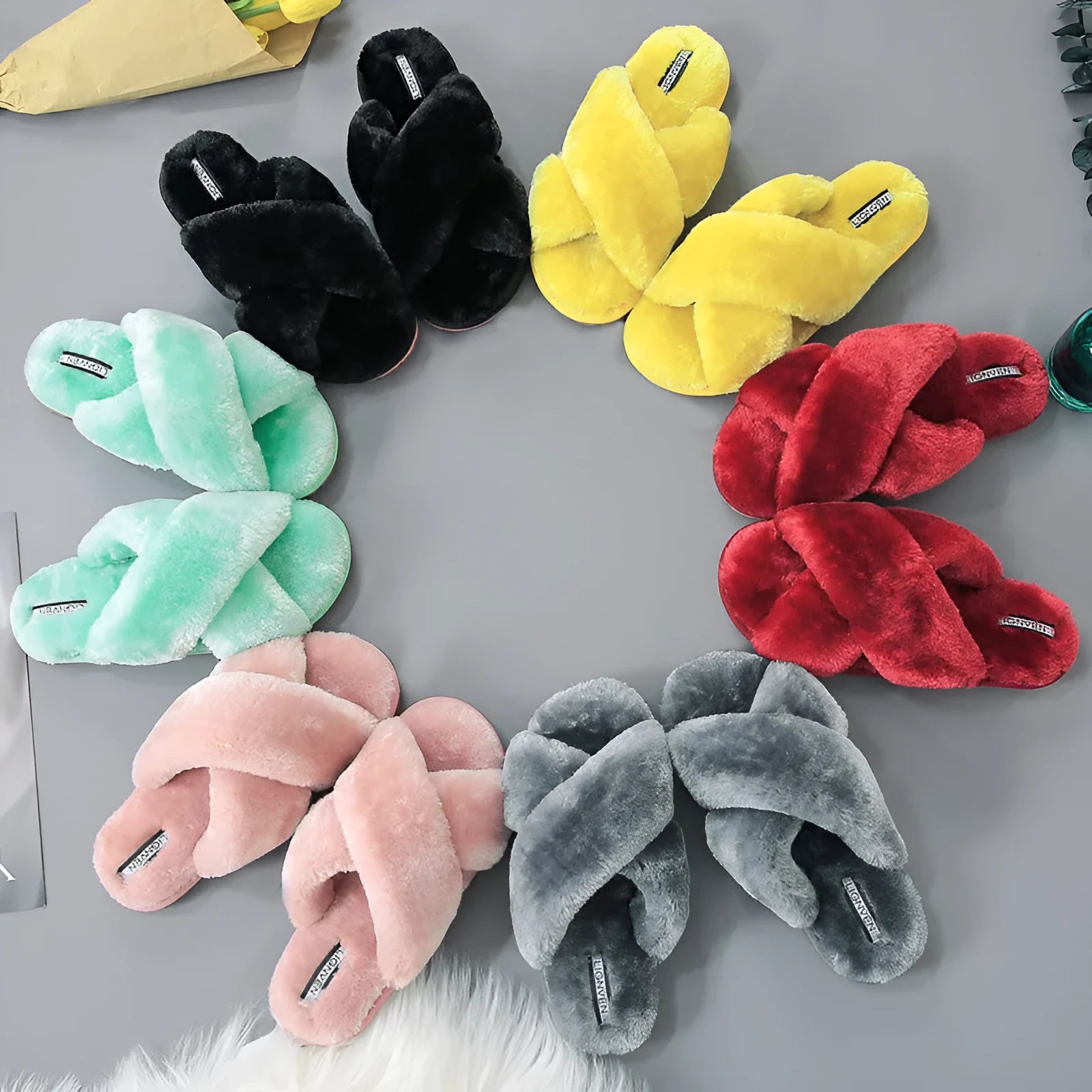 Women's cross-design open-toe fur slippers with non-slip rubber soles in six colour options