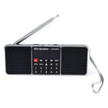 L-288AMBT black portable Bluetooth speaker with LCD display showing radio frequency.