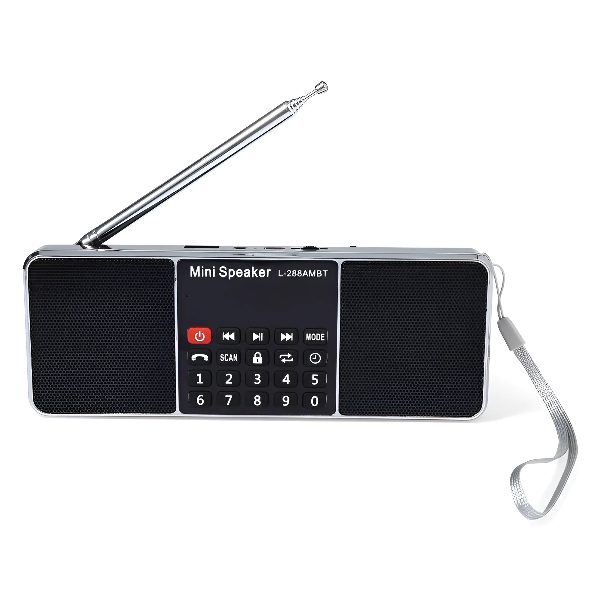 L-288AMBT black portable Bluetooth speaker with LCD display showing radio frequency.