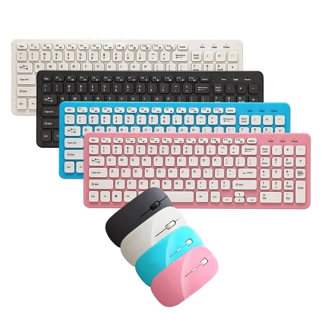 Wireless keyboard and mouse set in black plastic with 96-key keyboard and adjustable DPI mouse