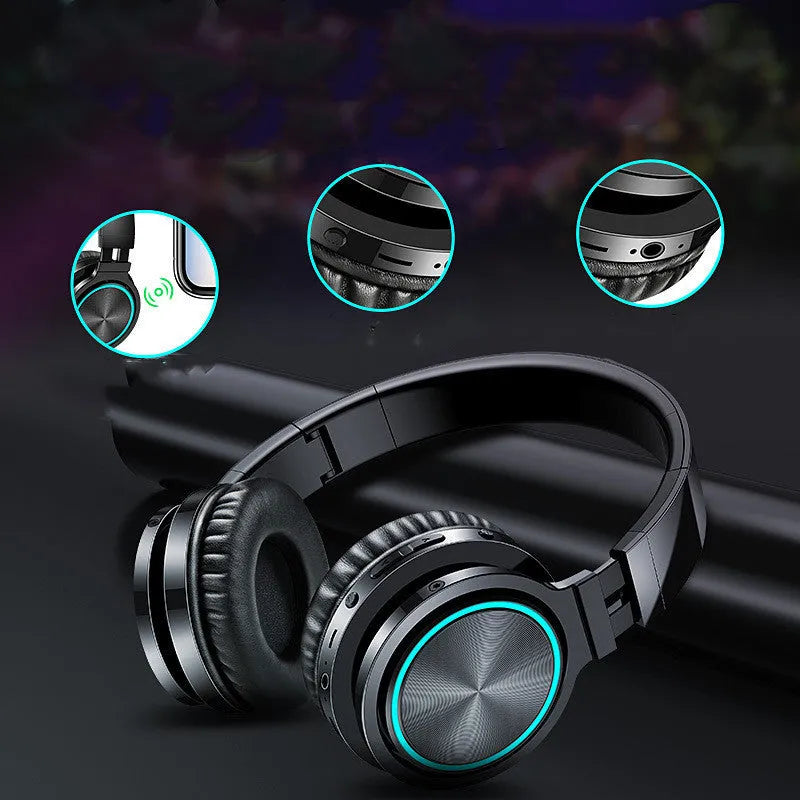Black folding wireless headset with Bluetooth 5.0 showing compact folded position