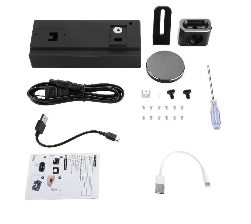 Black eight-in-one wireless charging station with five USB ports and aluminium charging pad