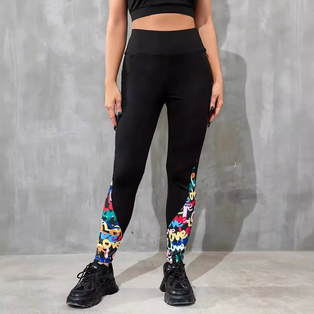 Women's high waist yoga leggings with contrast patchwork pattern and side pockets