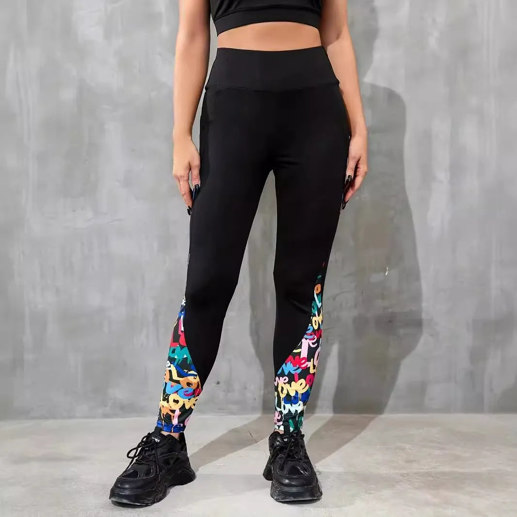 Women's high waist yoga leggings with contrast patchwork pattern and side pockets