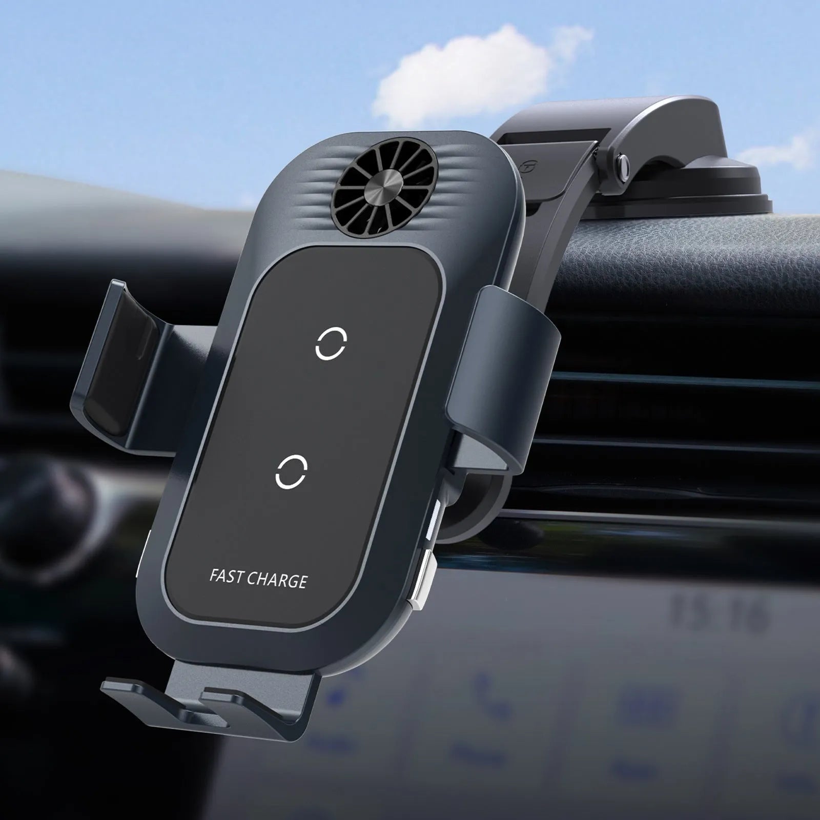 C35 colour car wireless phone charger holder mounted on an air vent, showing automatic clamping arms.