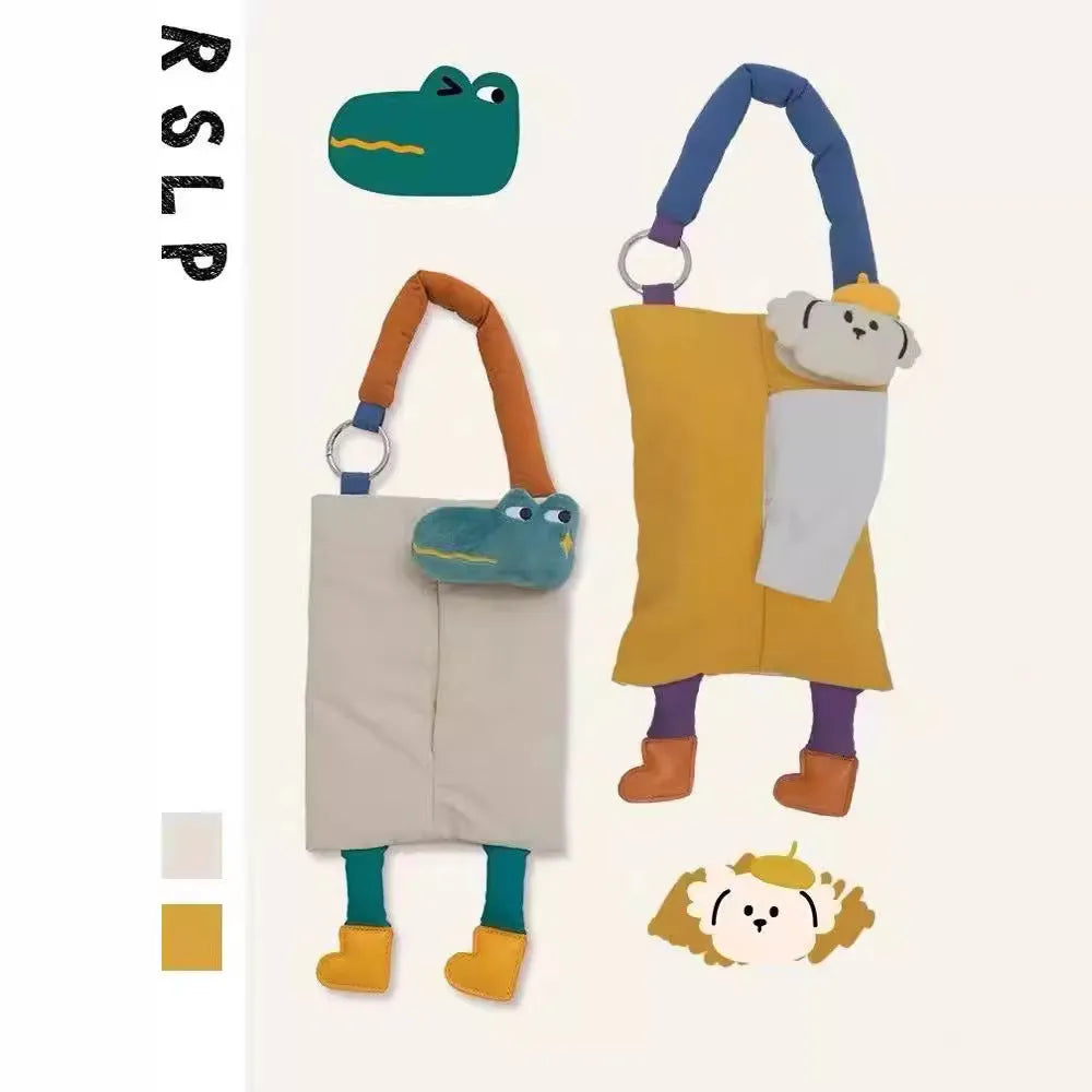 Plush hanging car tissue bag in baby crocodile colour measuring 25x19cm