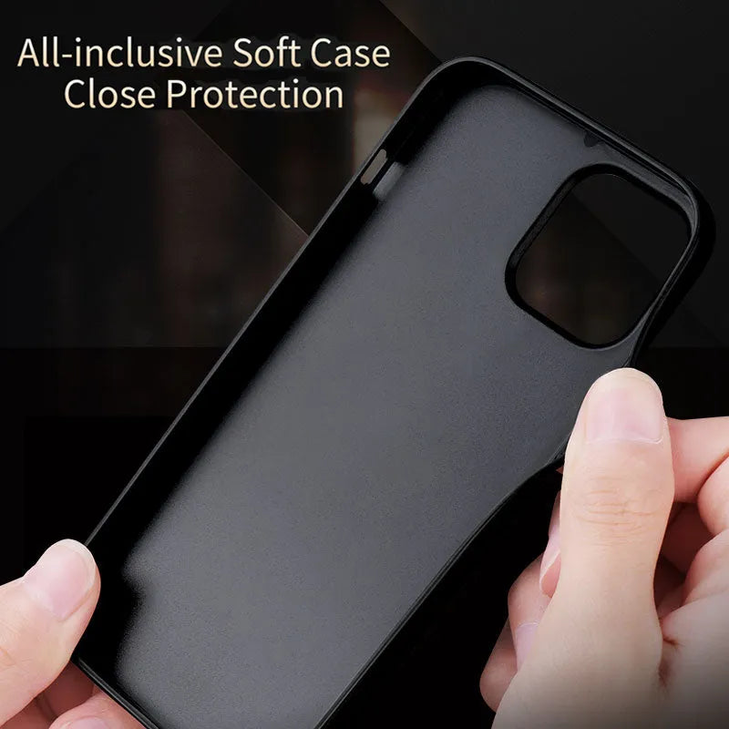 Black business leather phone case for iPhone 12 with PU leather and TPU frame on a wooden desk.
