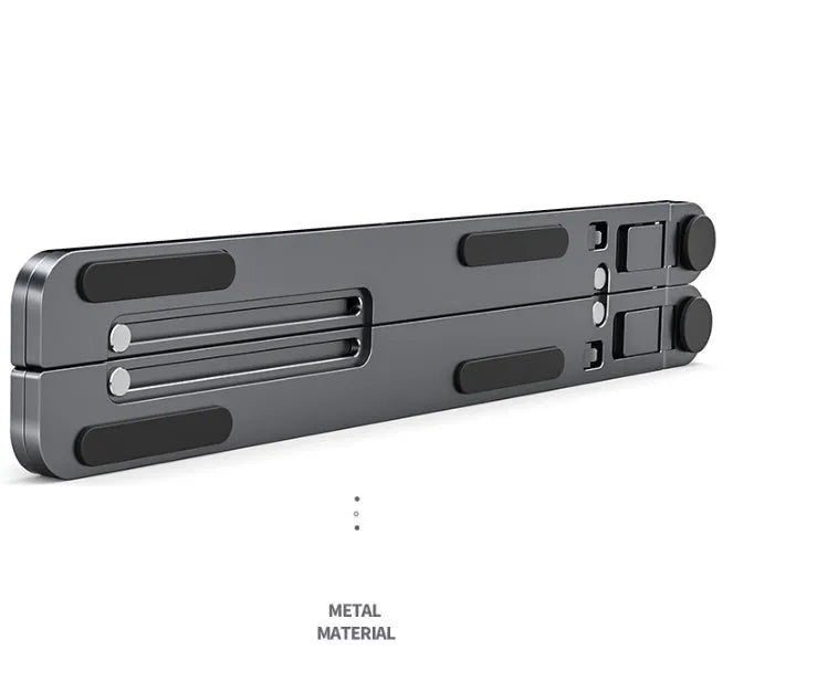 Foldable aluminium laptop stand in silver, shown supporting a laptop at an angle.