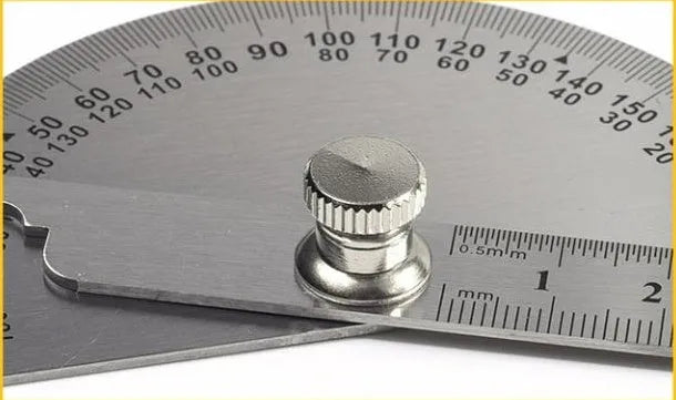 Adjustable plastic protractor showing 180° measuring scale with clear graduation marks