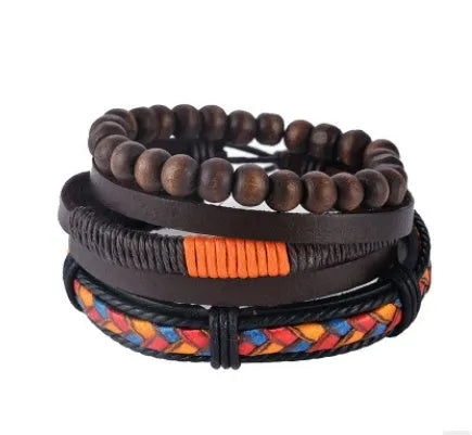 Handwoven leather bracelet with wooden beads and adjustable closure on wrist
