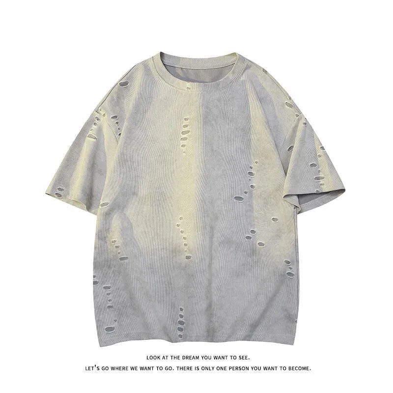 Men's grey loose-fit ripped short sleeve cotton blend T-shirt on a hanger.