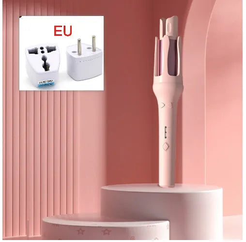 Automatic hair curler in white with purple accents, showing 32mm barrel and UK plug.