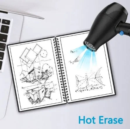 Rewritable paper notebook with black PP cover, spiral binding, and erasable pen on a desk