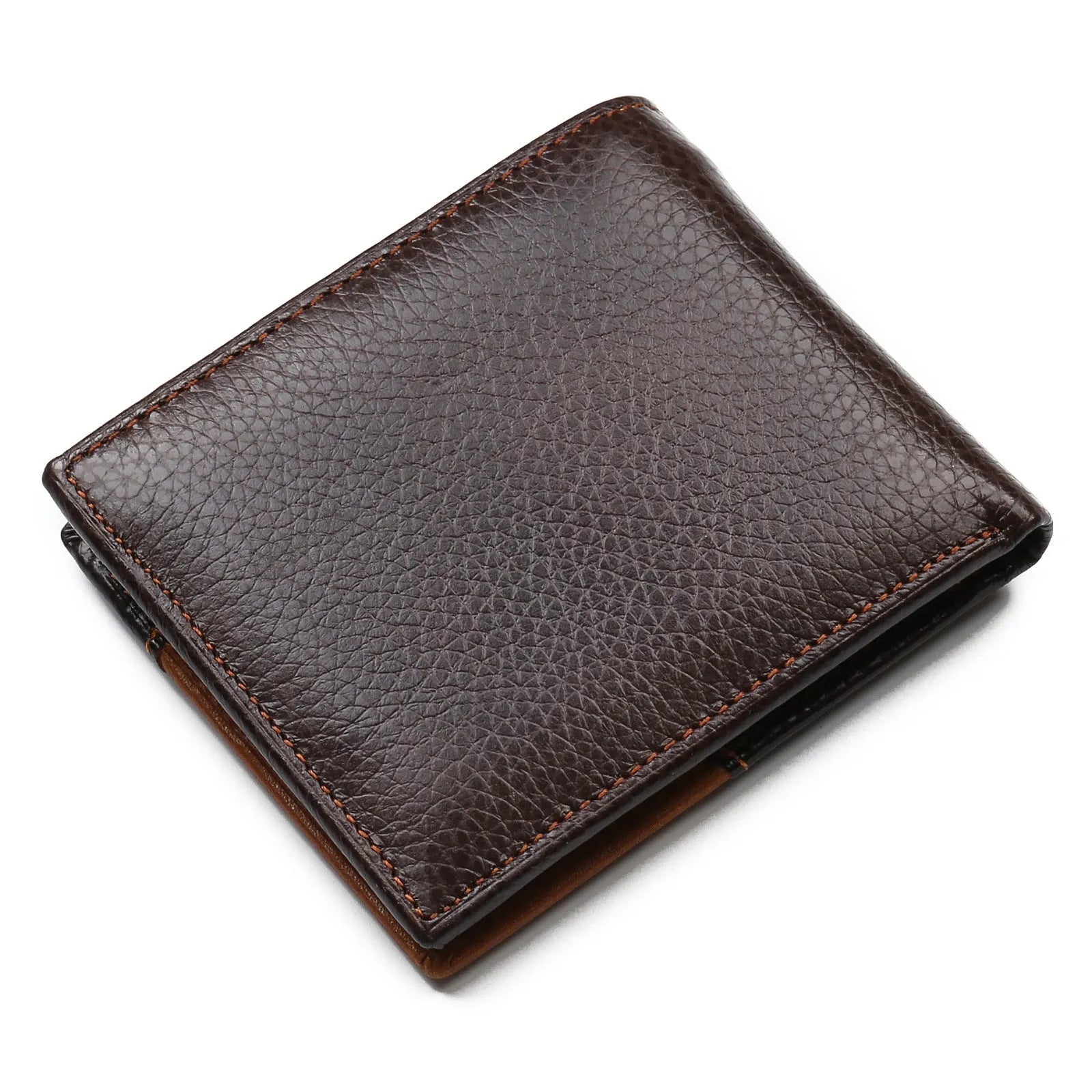 Soft cowhide leather bifold wallet with cross-stitching, shown open to reveal card slots and a zippered coin compartment.