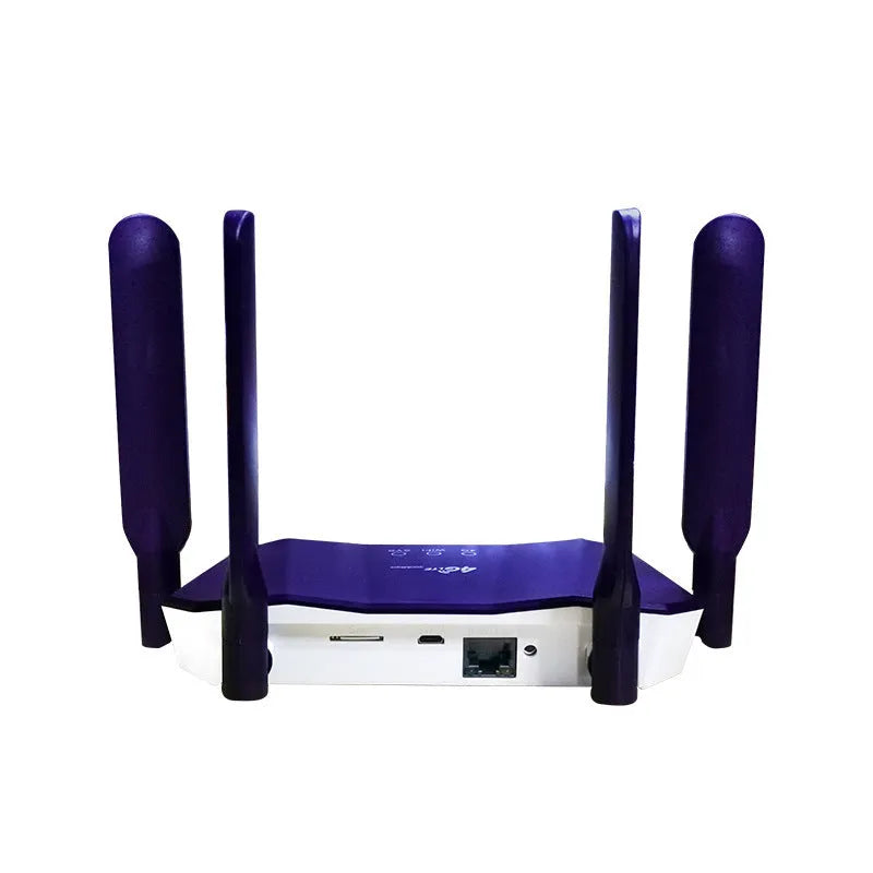 Blue dual-mode 4G router with four external antennas, showing front panel and ports.