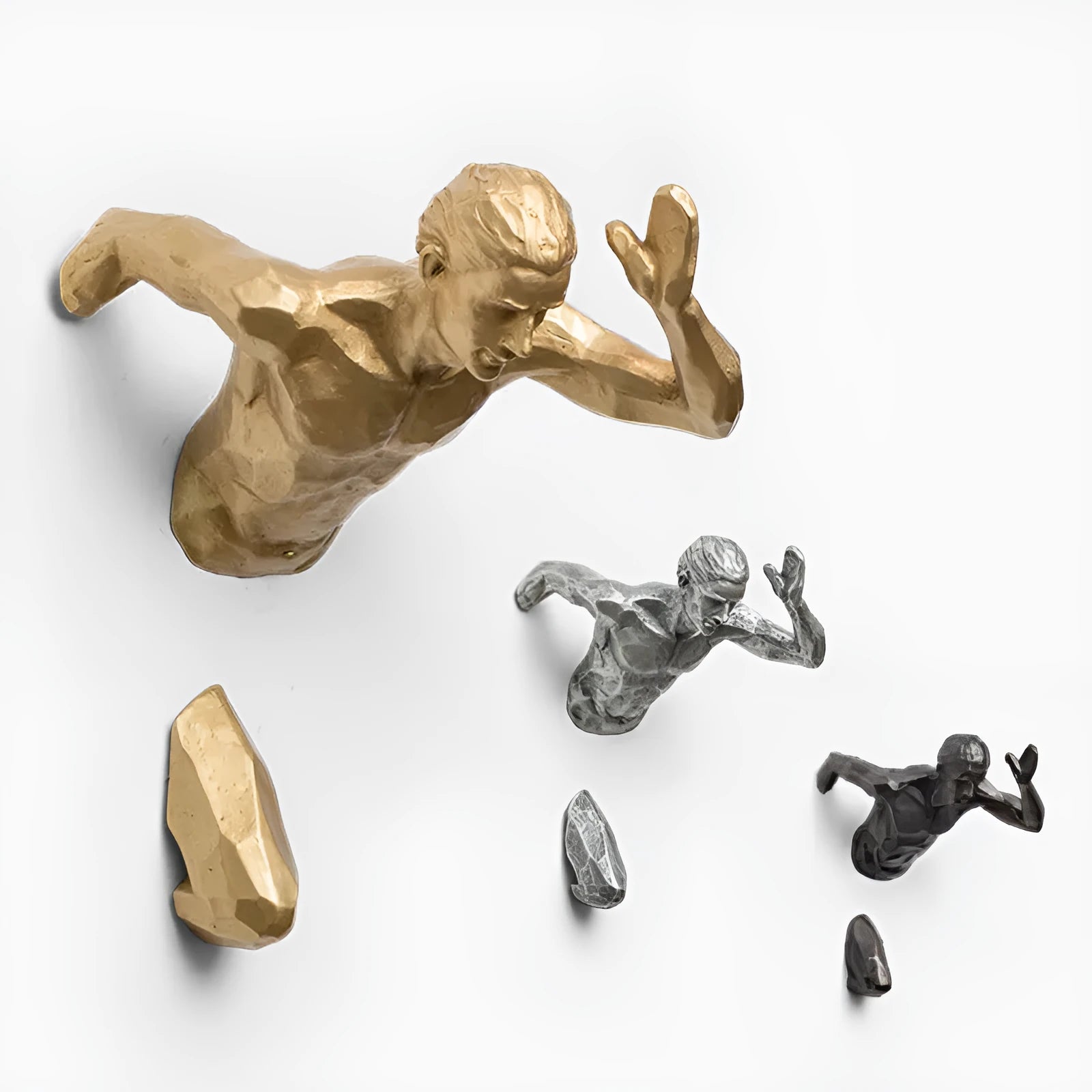 A modern, simple character silhouette wall hanging made of resin, shown in a metallic copper finish.