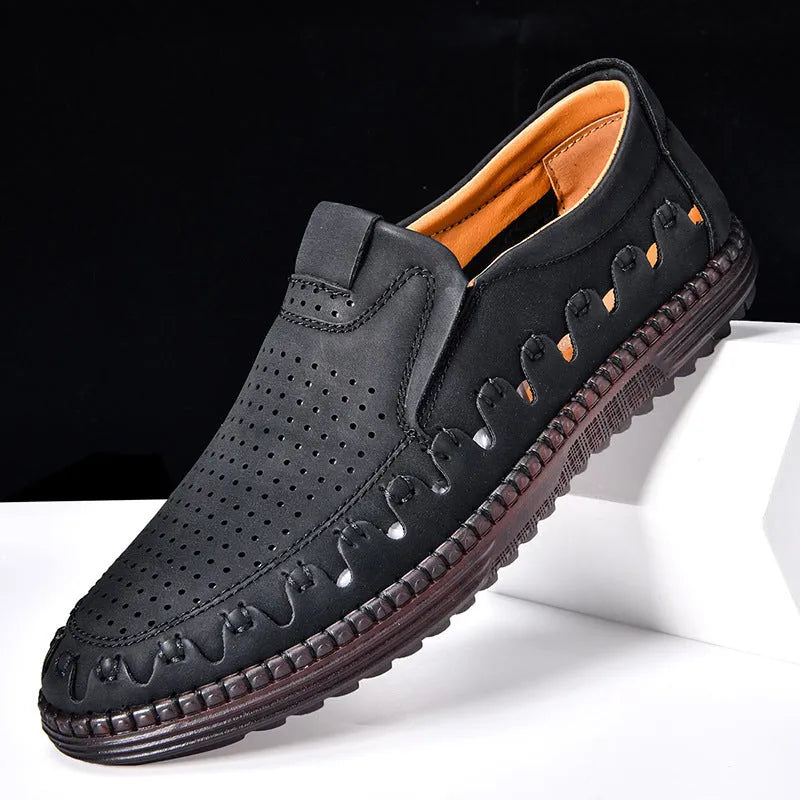 Men's brown slip-on casual leather shoes with a round toe and flat sole.