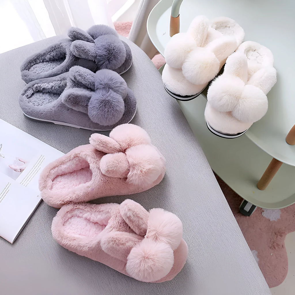 Women's rabbit fur fluffy bunny slippers in winter colours with high upper design