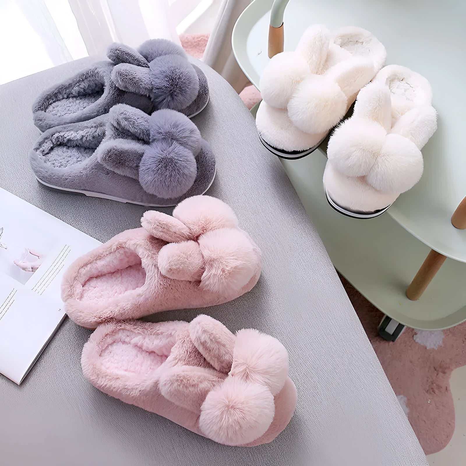 Women's rabbit fur fluffy bunny slippers in winter colours with high upper design