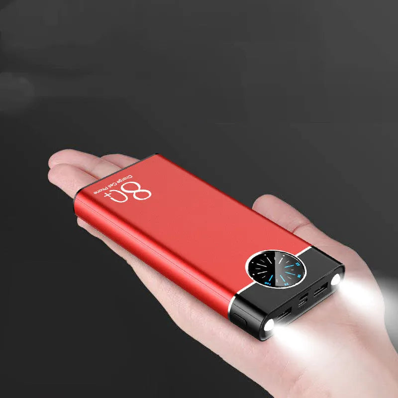 Black 20000mAh fast charging power bank with alloy shell and LED light